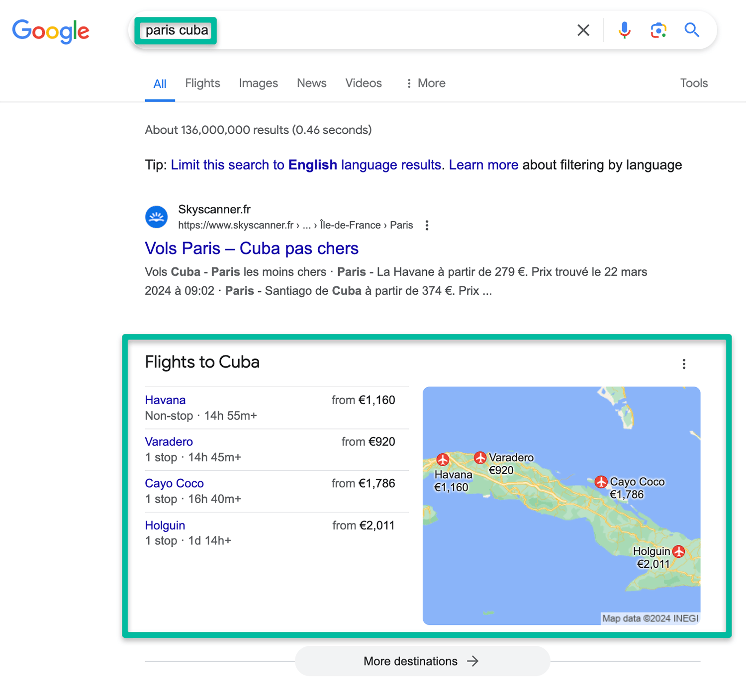 SERP Google Flights recherche vols