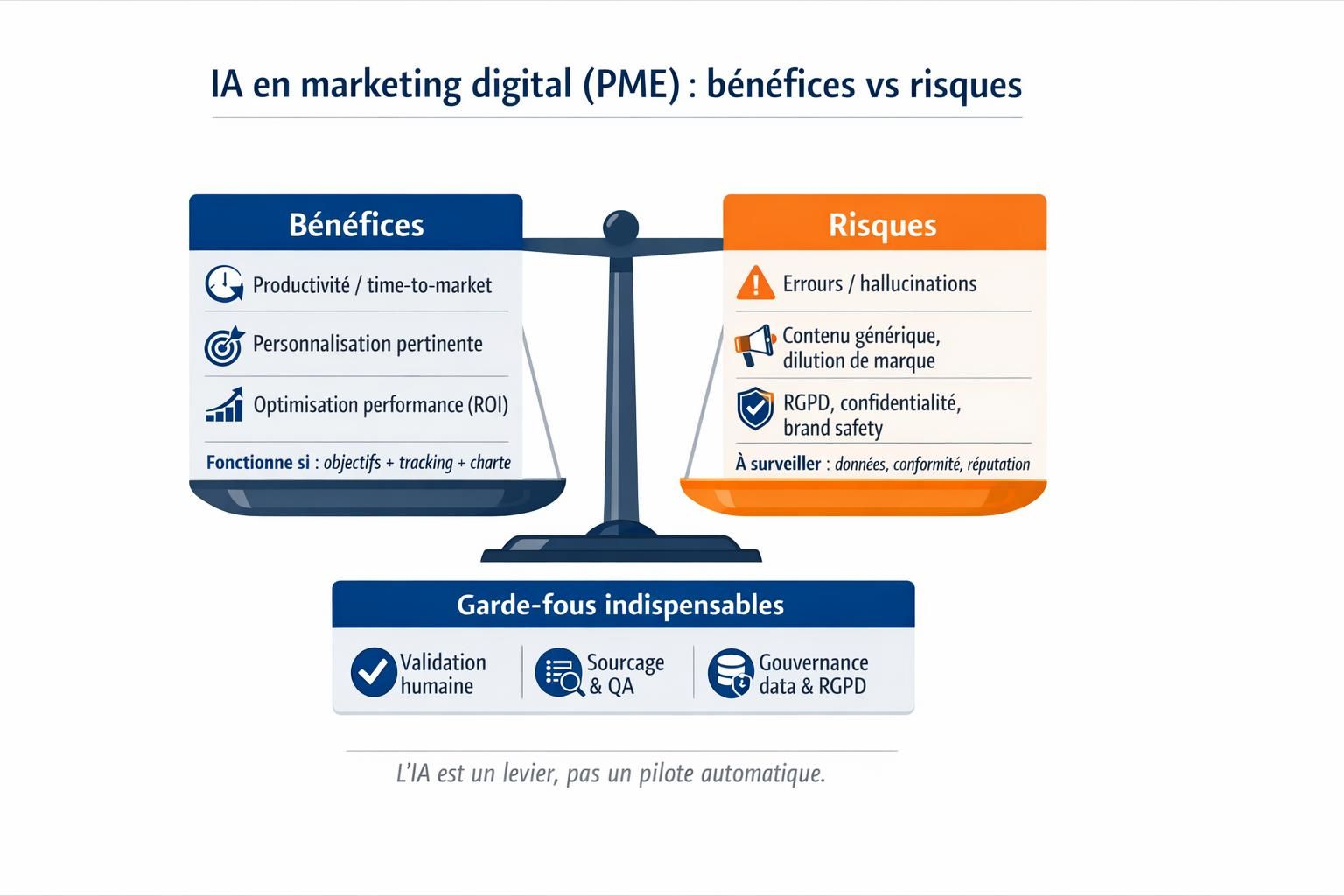 Schéma comparant les avantages et inconvénients de l’IA dans le marketing digital pour une PME, avec validation humaine et contrôle conformité.