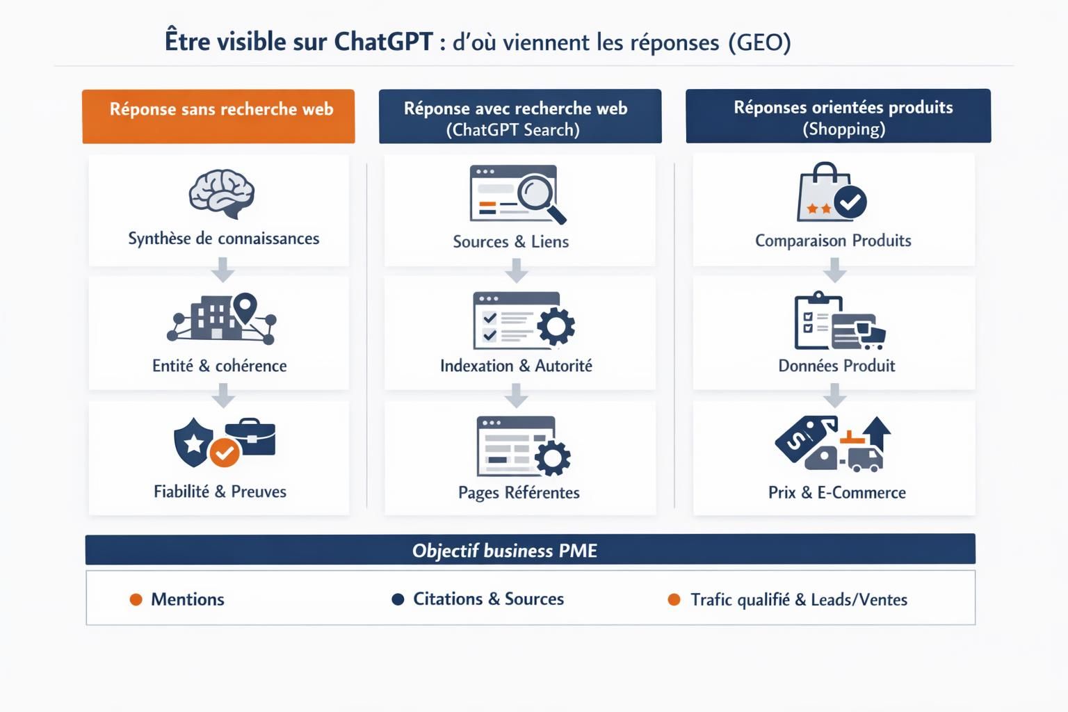 Schéma GEO montrant les trois modes de réponse de ChatGPT (sans recherche, avec recherche web, shopping) et les leviers PME associés.