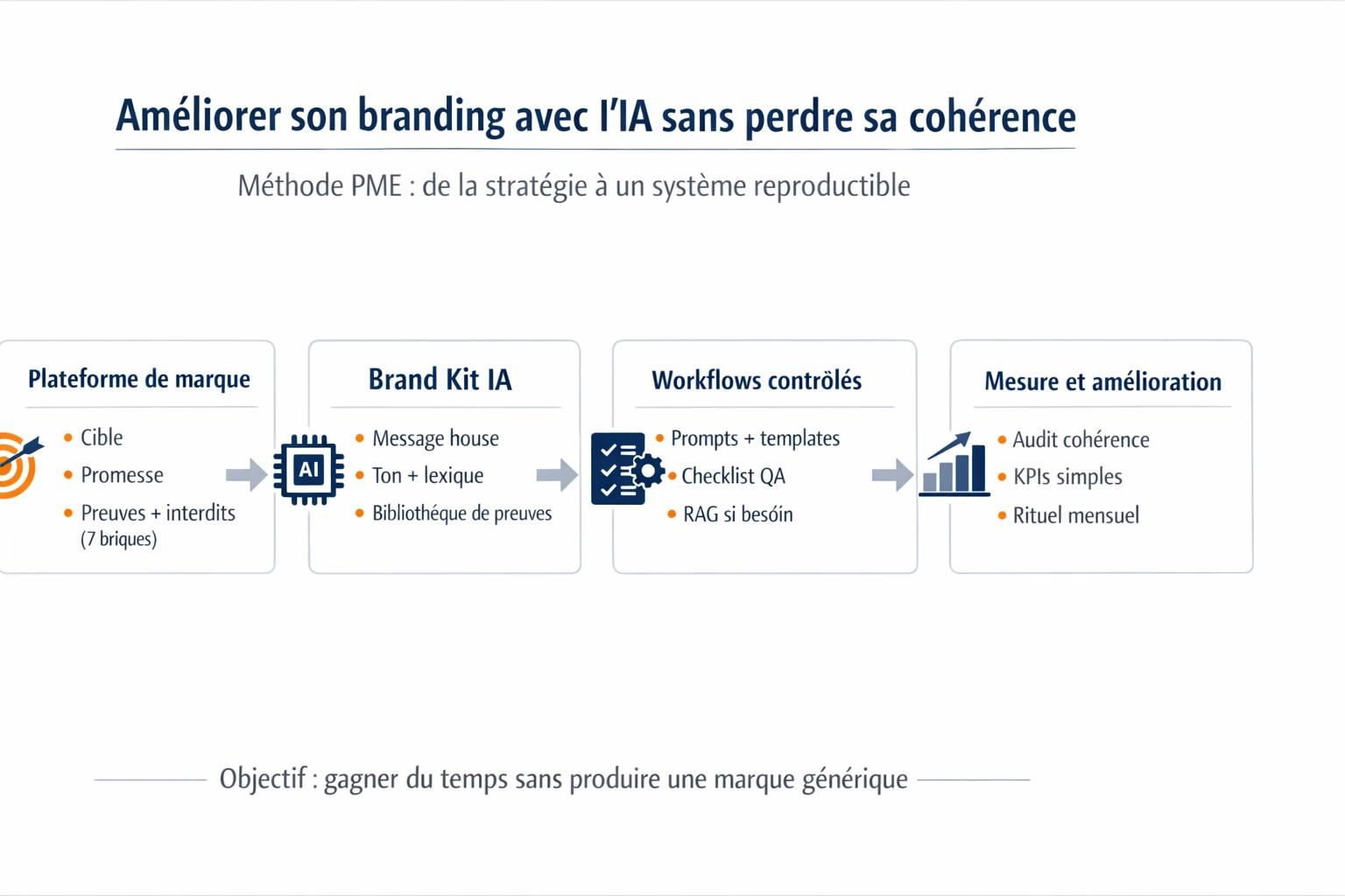 Schéma “Plateforme de marque → Brand Kit IA → Workflows → Mesure” pour améliorer son branding avec l’IA en PME.