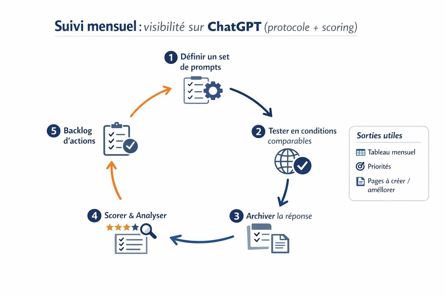Diagramme en boucle du protocole mensuel pour tester, scorer et améliorer la visibilité d’une PME sur ChatGPT.