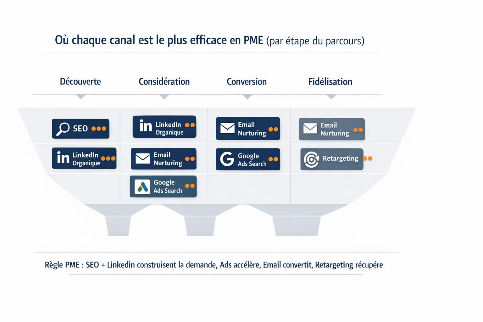 Schéma du funnel d’une PME reliant SEO, LinkedIn, email, ads et retargeting aux étapes découverte, considération, conversion et fidélisation.