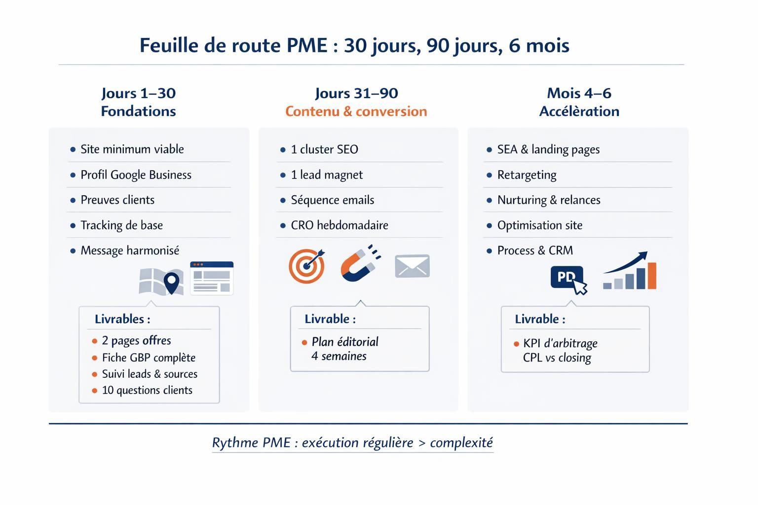 Frise en trois étapes présentant la feuille de route présence digitale PME en 30 jours, 90 jours et 6 mois, avec priorités et livrables.