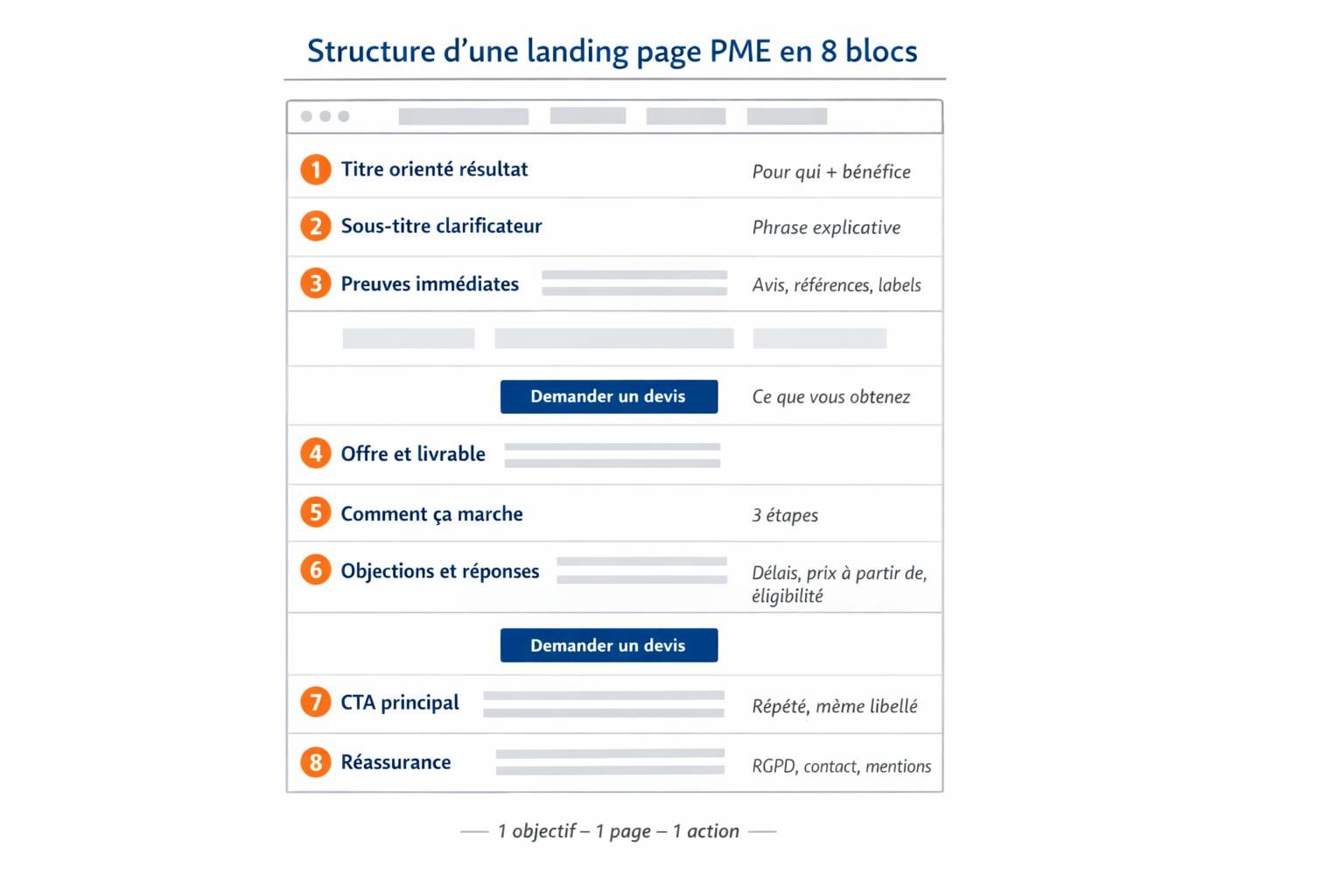 Schéma de structure en 8 blocs d’une landing page pour PME, du titre au CTA et aux éléments de réassurance