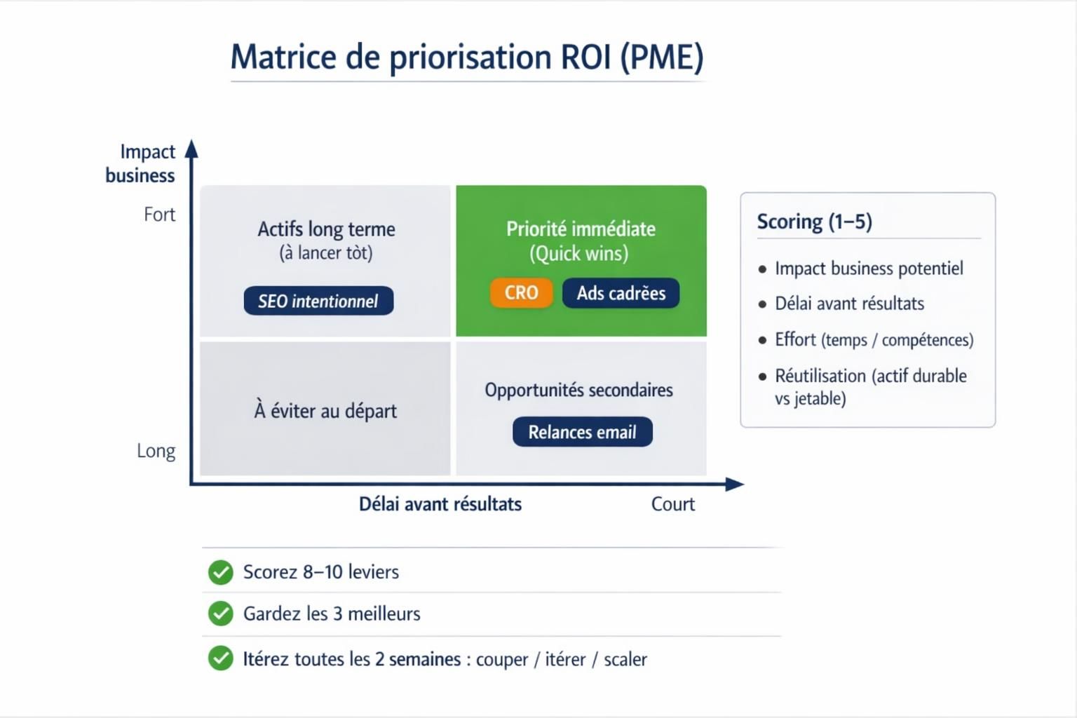 Matrice de priorisation des leviers digitaux pour une PME selon l’impact business, le délai avant résultats, l’effort et la réutilisation.