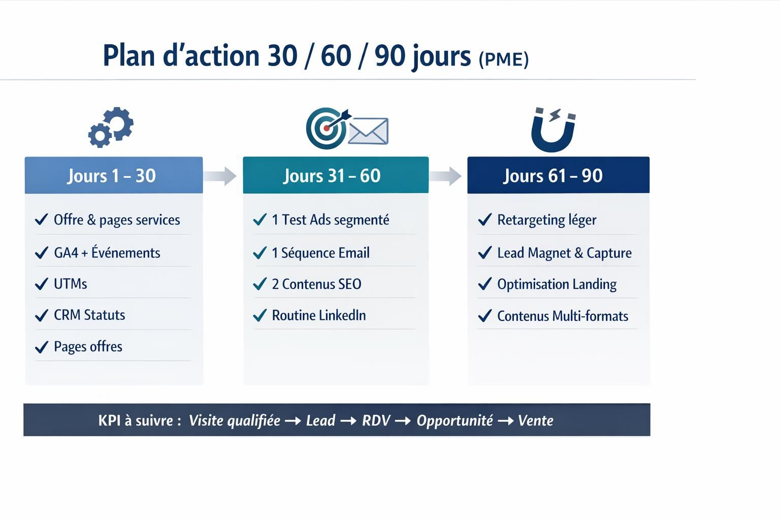 Frise 30, 60 et 90 jours décrivant les priorités marketing d’une PME : fondations, tests contrôlés puis synergies entre SEO, LinkedIn, email et ads.