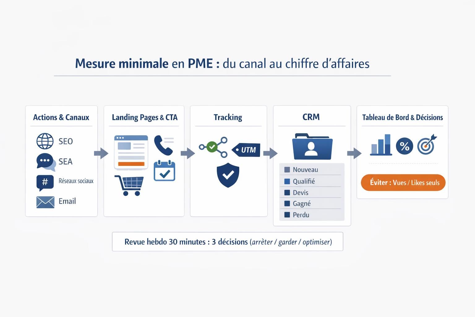 Schéma du flux de mesure en PME reliant actions marketing, tracking, CRM et tableau de bord pour piloter les KPI.