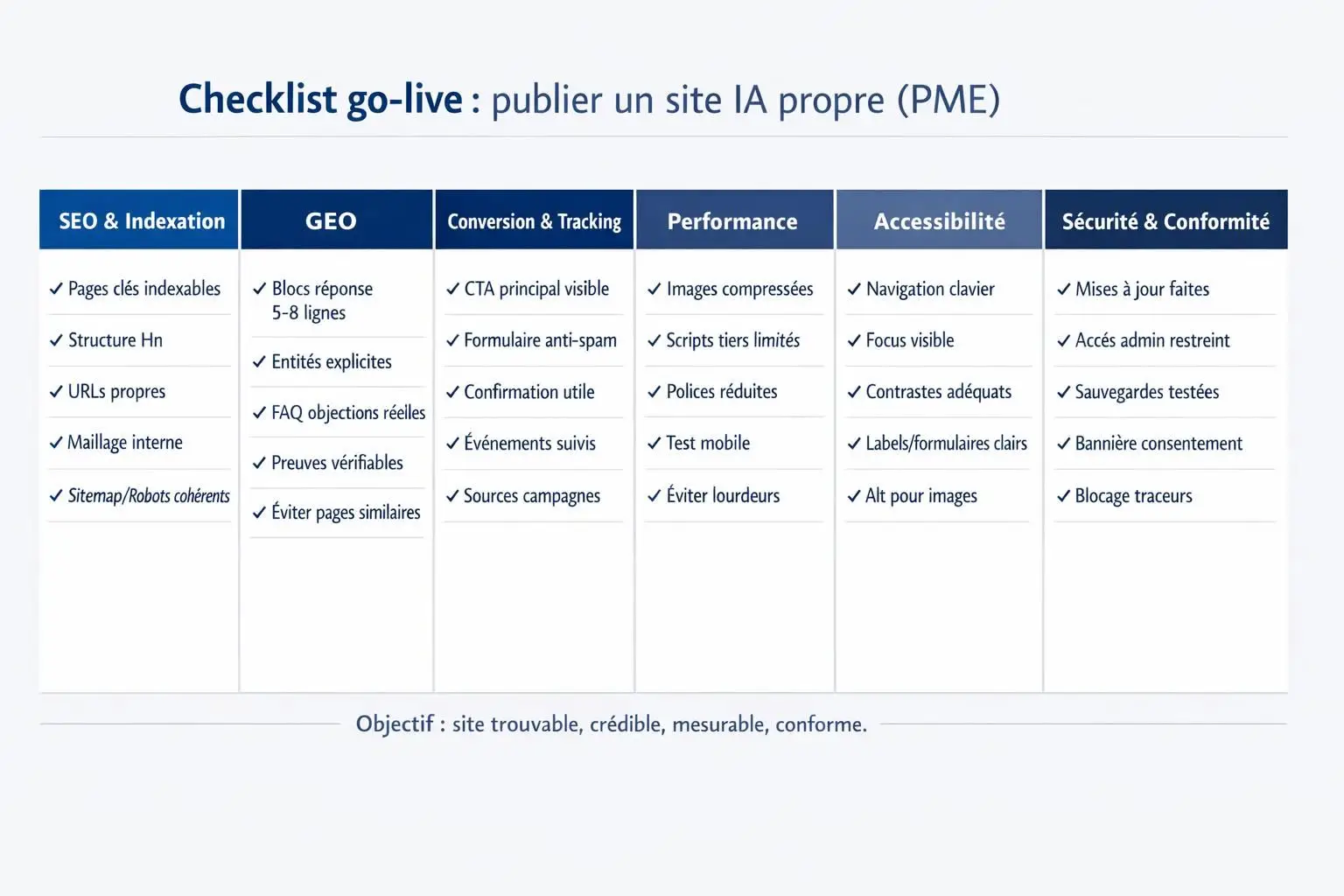 Tableau checklist avant publication d’un site IA couvrant SEO, GEO, conversion et tracking, performance, accessibilité, sécurité et conformité cookies.