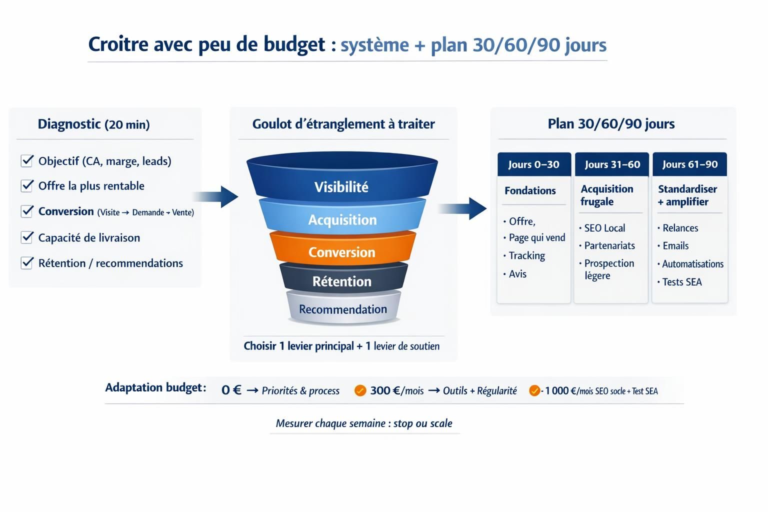 Schéma du funnel de croissance et du plan 30 60 90 jours pour une PME avec budget limité