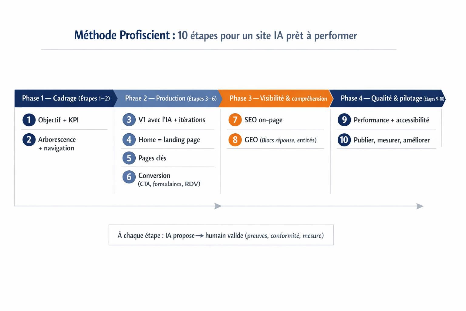 Frise en 10 étapes montrant la méthode pour construire un site web avec l’IA, du cadrage à la mise en ligne et l’amélioration continue.