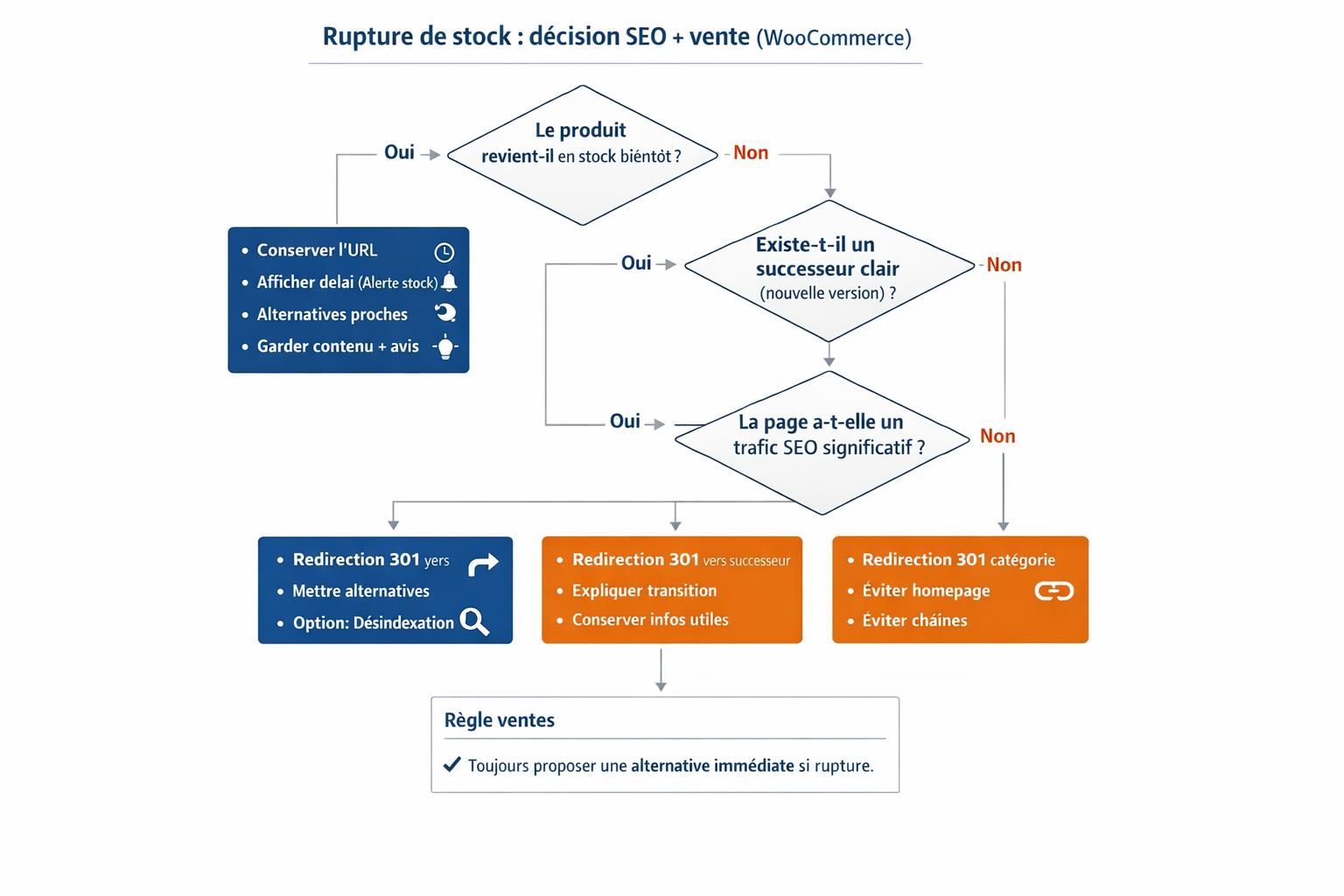 Arbre de décision pour gérer une rupture de stock sur WooCommerce sans perdre le SEO et en proposant des alternatives.