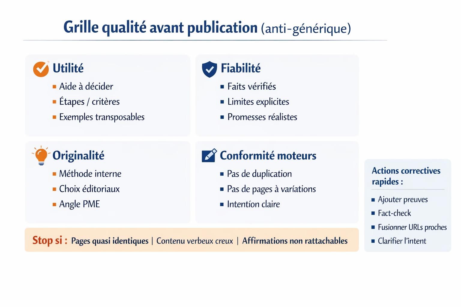 Schéma de grille qualité avant publication : utilité, fiabilité, originalité et conformité moteurs, avec actions correctives.
