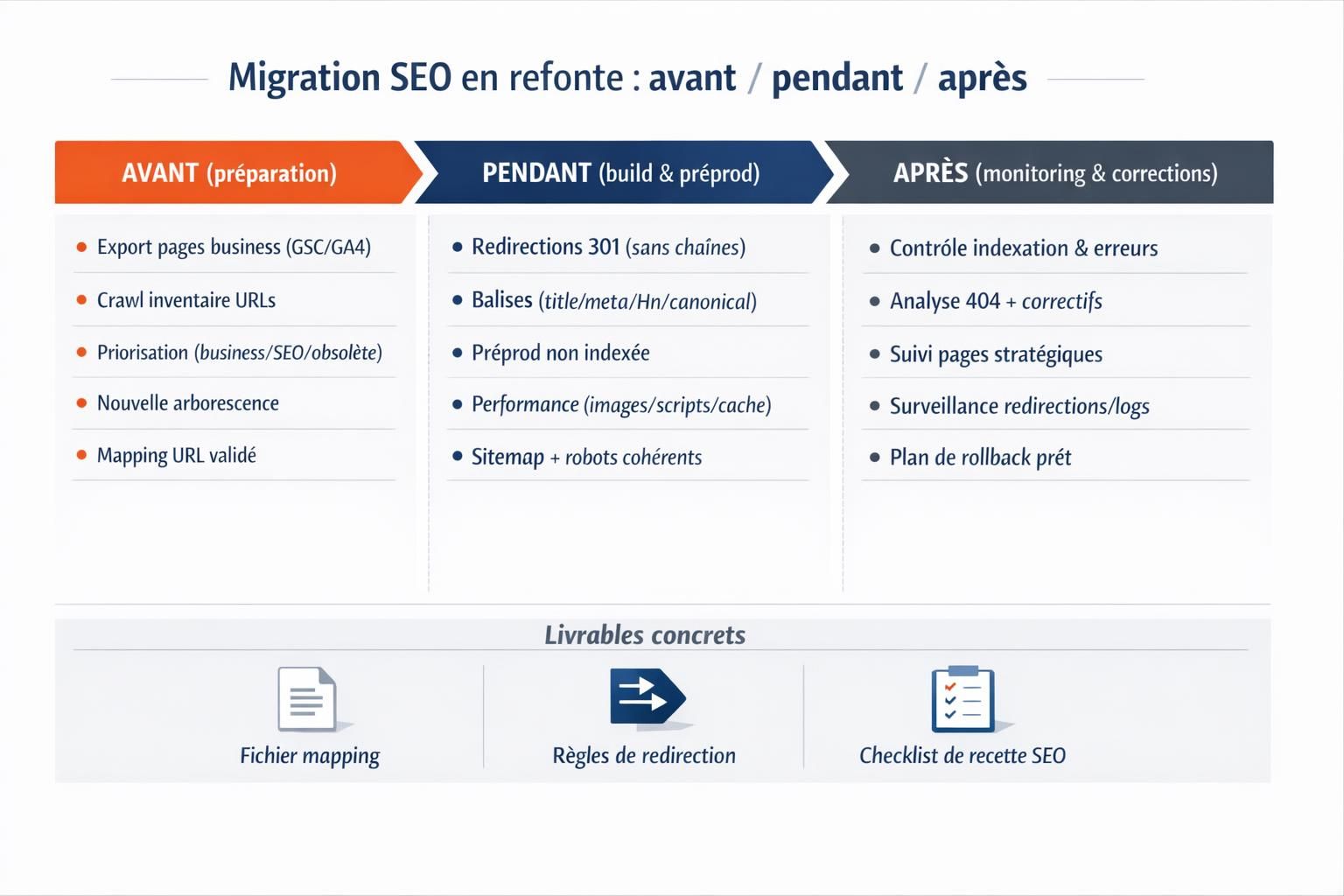 Timeline du plan de migration SEO en refonte avec les actions à mener avant, pendant et après la mise en ligne.