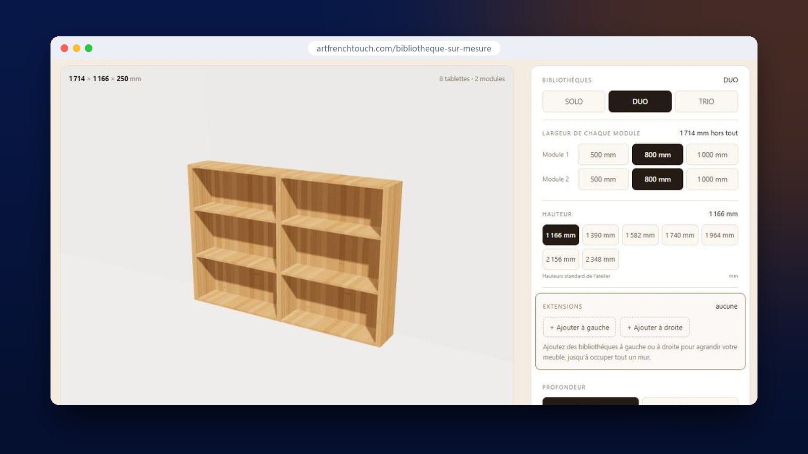 Configurateur 3D de bibliothèque sur mesure