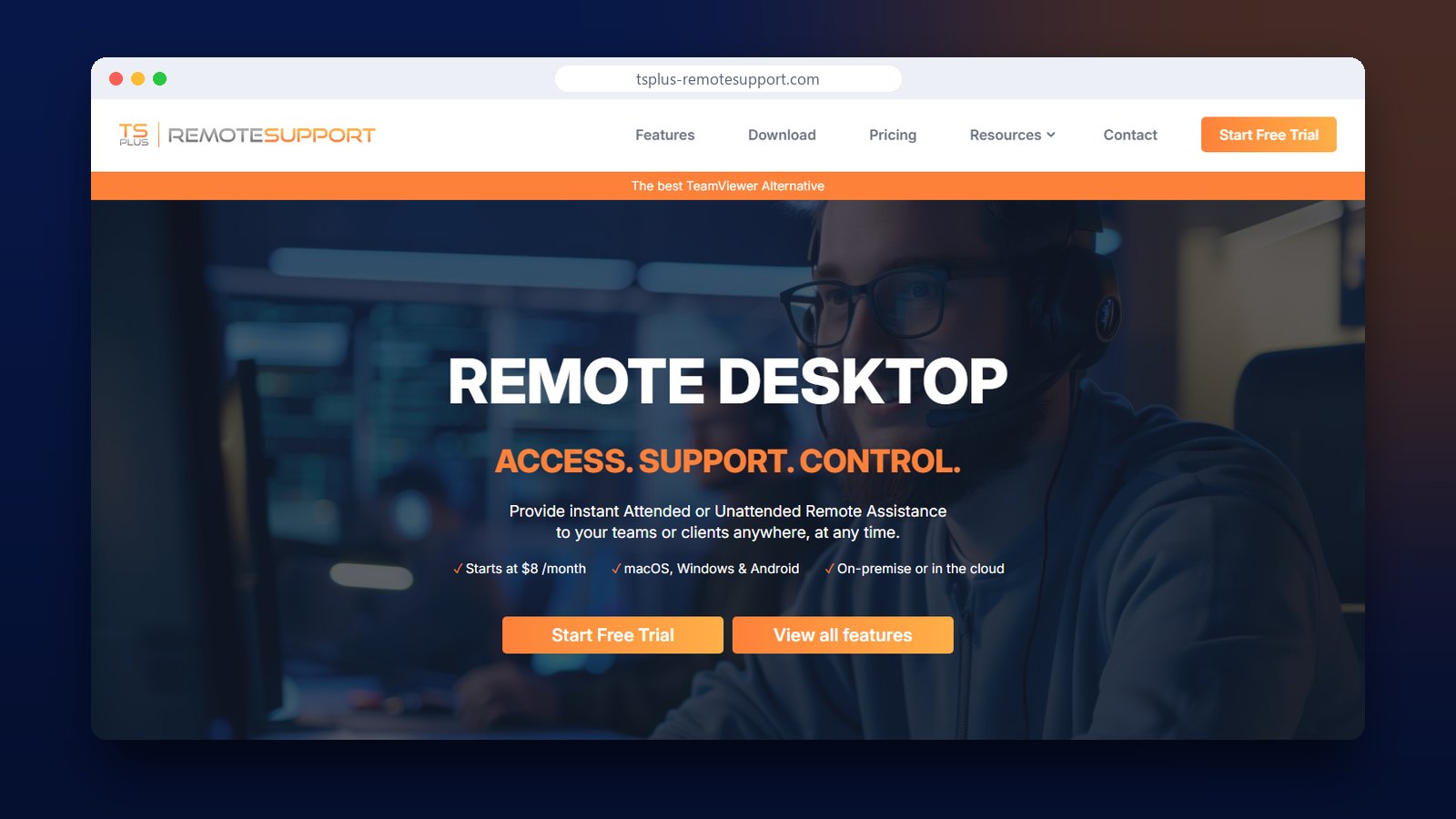 Page d’accueil du site TSplus Remote Support